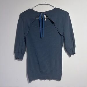 Japanese Fint Blue Front Tie Cutout Lace Half-Sleeve Top